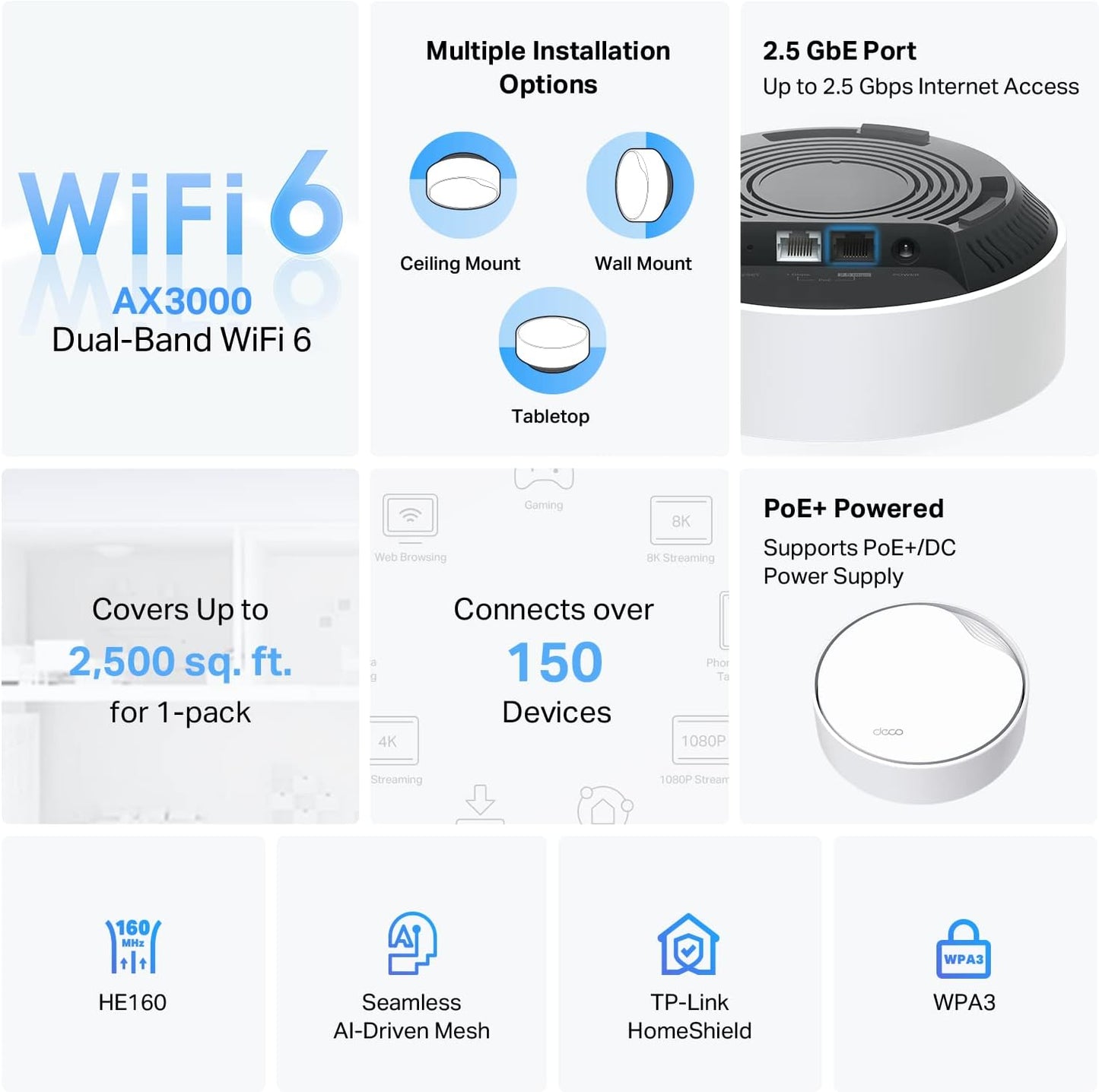 TP-Link Deco X50-PoE (1-pack) AX3000 PoE Mesh WiFi - Ceiling/Wall Mount