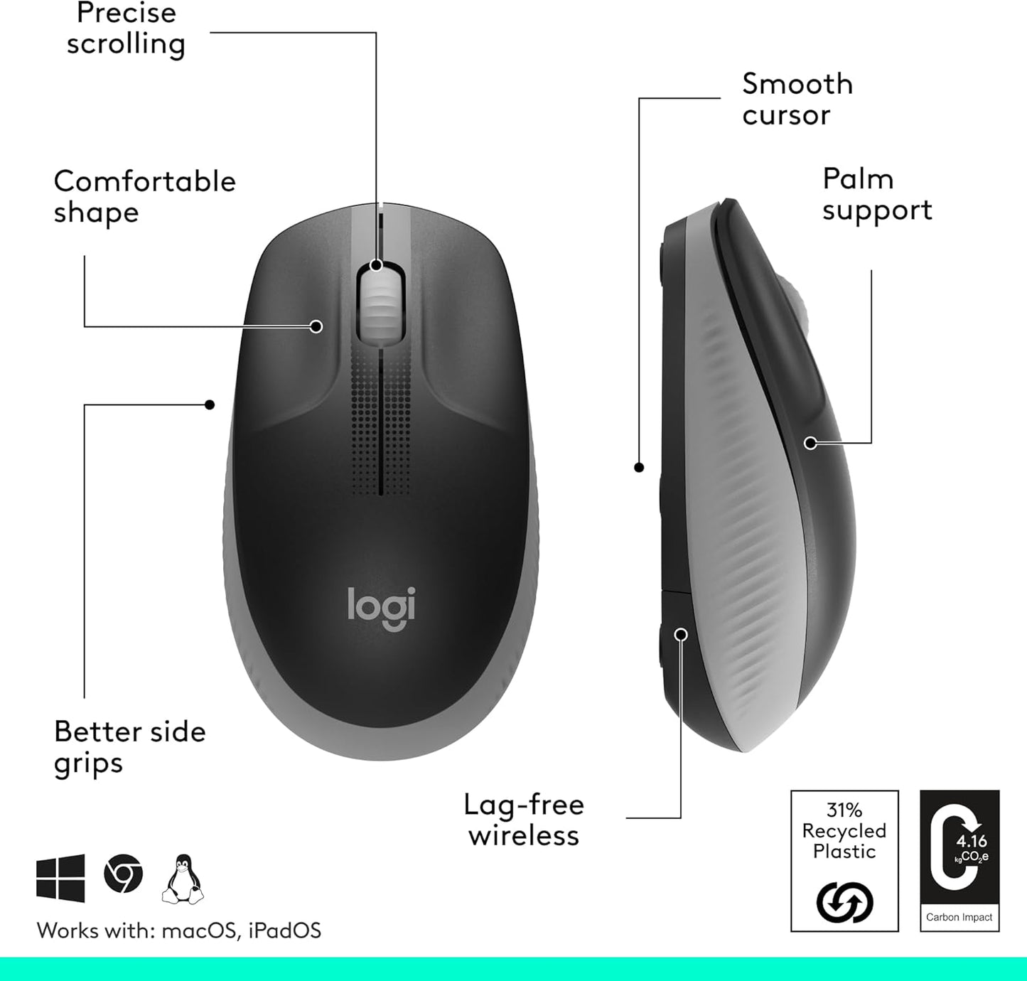 Logitech 910-005900 M190 Full-Size Wireless Mouse - Grey