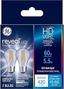 GE 31881 Reveal LED 60W A15 Ceiling Fan Light Bulbs 2-Pack