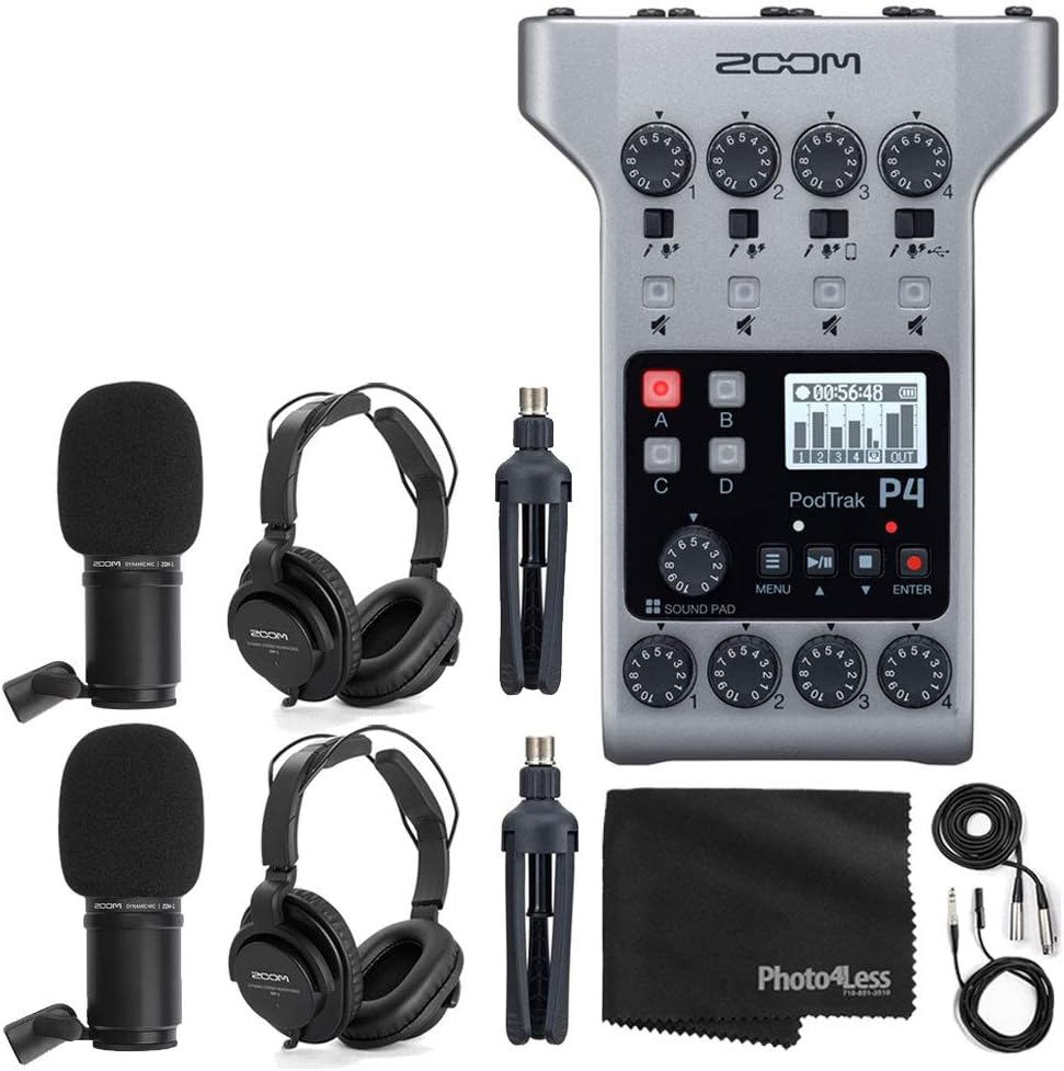 Zoom P4 PodTrak Portable Podcast Recorder Mic Bundle