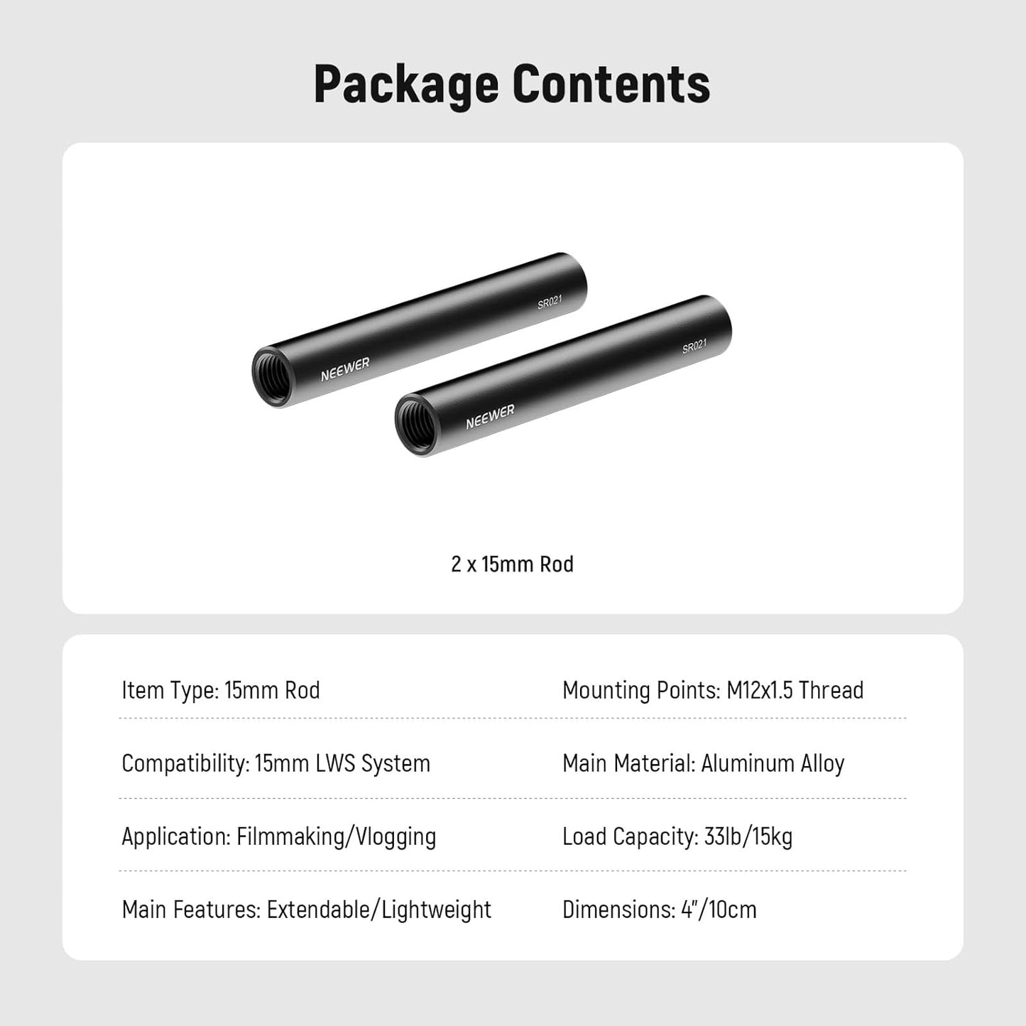 Neewer 10104674 15mm Rods 4"/10cm Extension 2-Pack