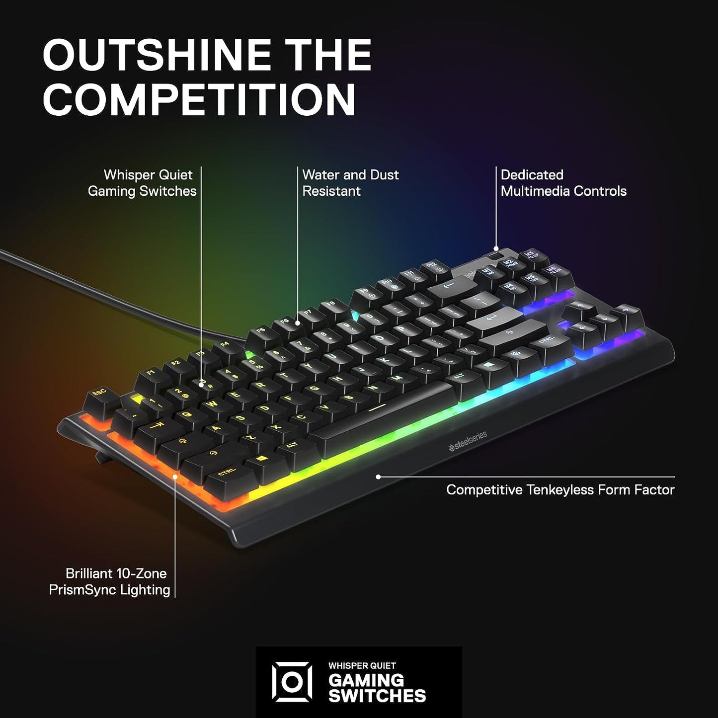 SteelSeries Apex 3 TKL RGB Gaming Keyboard - Compact Tenkeyless Design