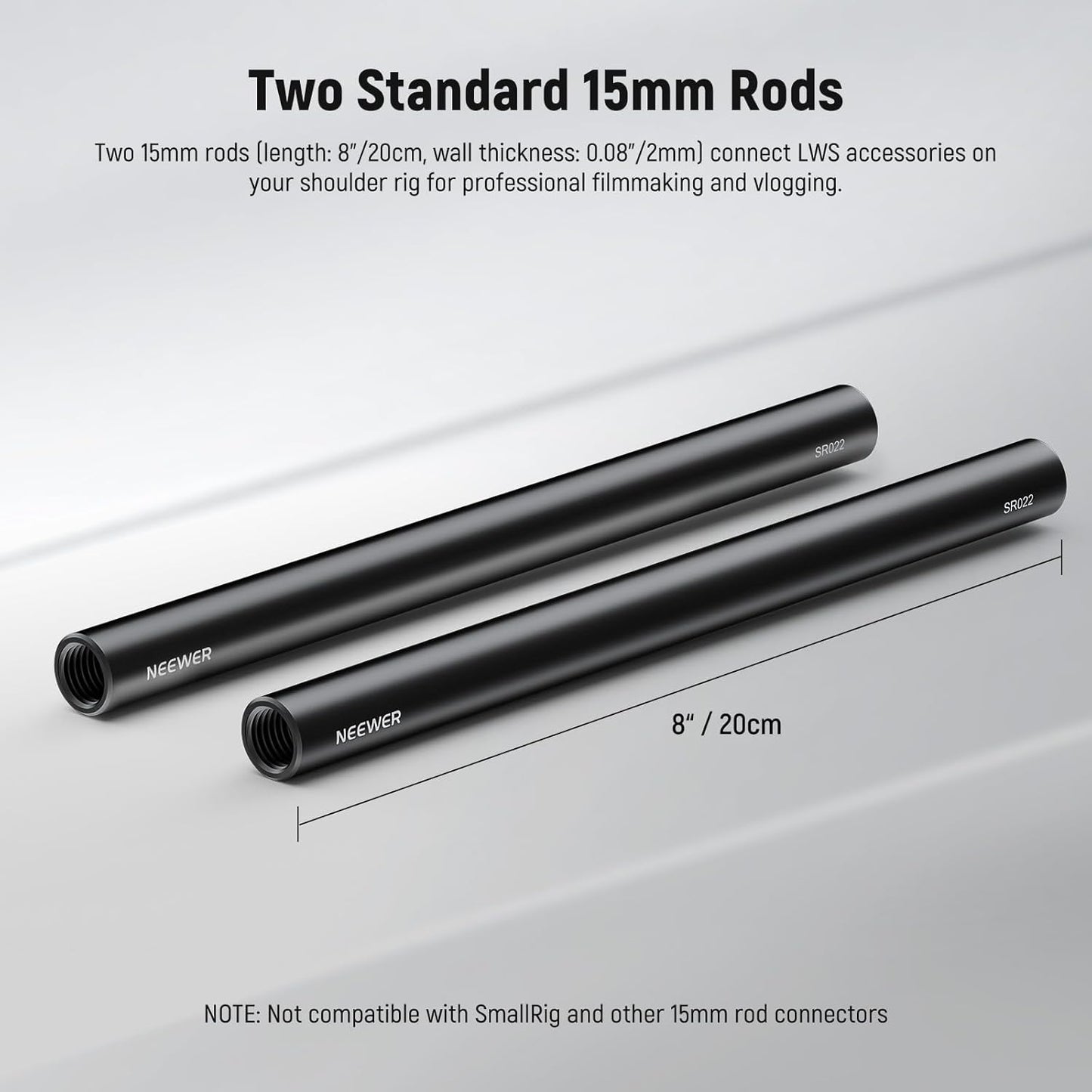 Neewer 10104675 15mm Rods - 8-inch Extension - 2-Pack