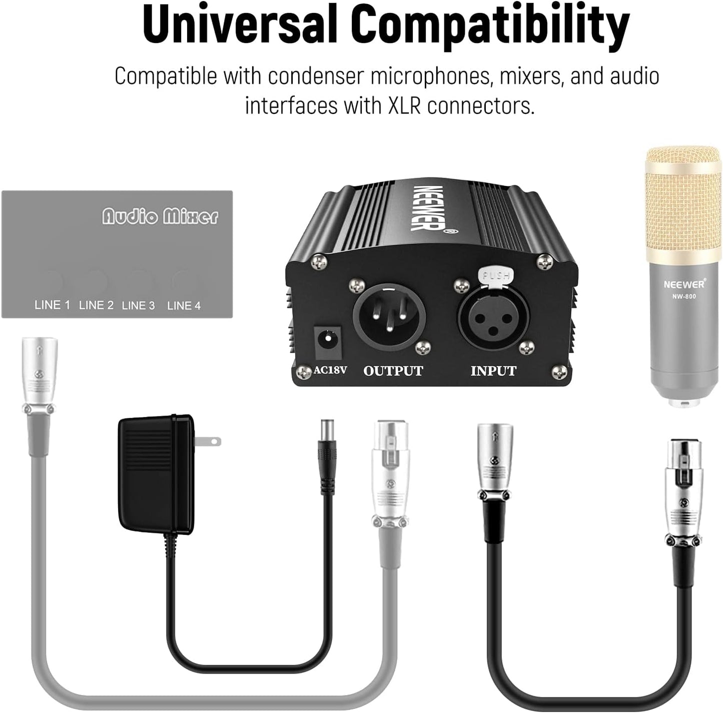 Neewer 40085860 48V Phantom Power Supply + XLR Cable for Condenser Microphones