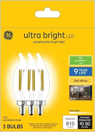 GE Ultra Bright LED Candle E12 Dimmable 3-Pack