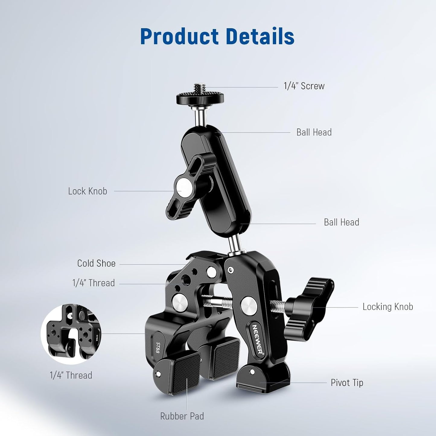 Neewer ST88 Super Clamp 3" Dual Ballhead Magic Arm Phone Mount