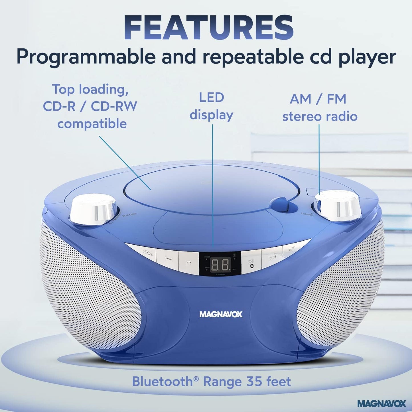 Magnavox MD6949-BL Portable Bluetooth CD Boombox AM/FM Radio Blue