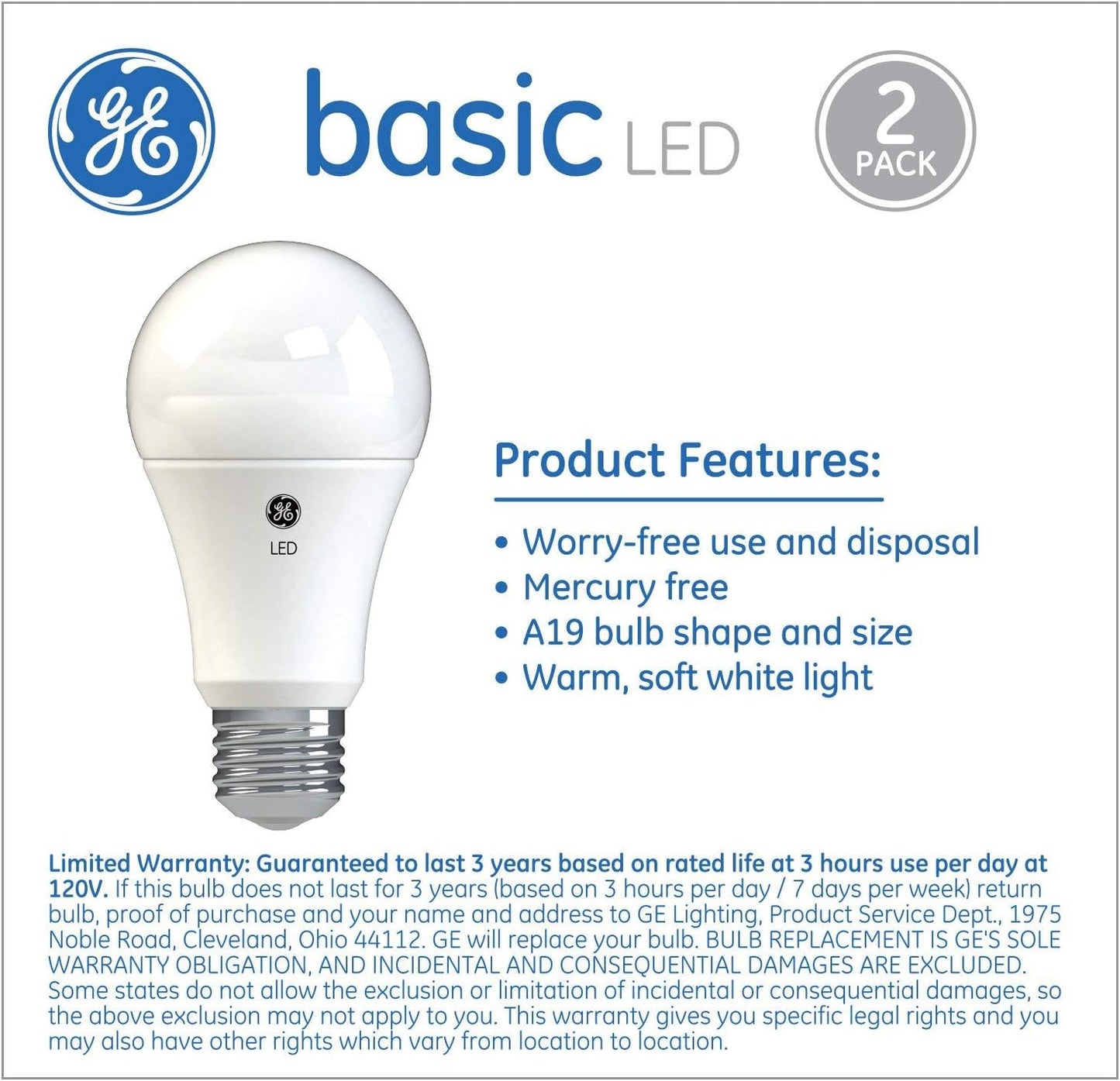 GE 37025 Basic LED A19 Light Bulbs - 100 Watt - 2 Pack
