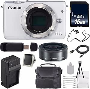 Canon EOSM10 White Mirrorless Camera Body 22mm Lens Bundle