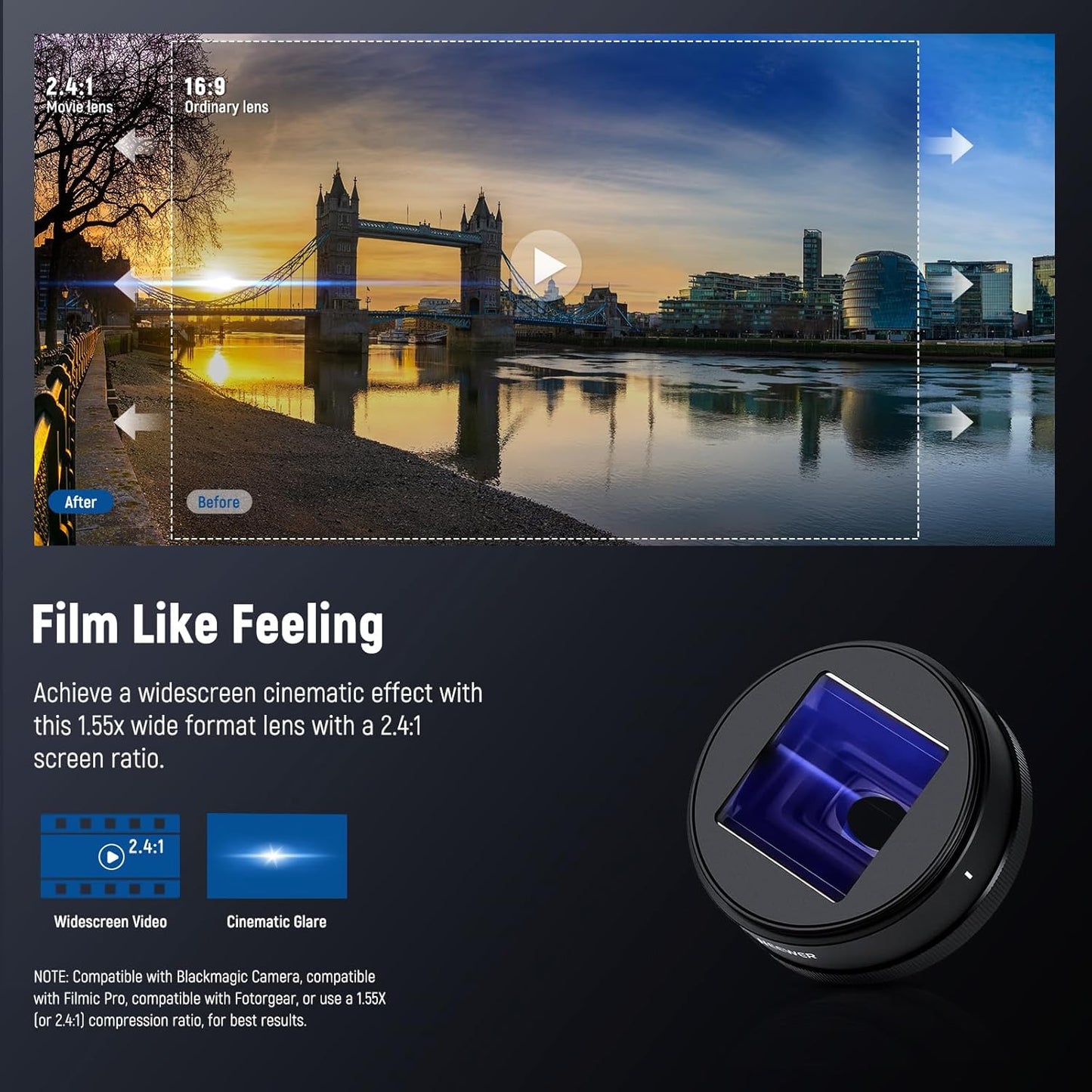 Neewer LS-43 1.55X Anamorphic Lens 17mm Thread Phone Cage