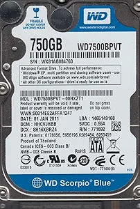 Western Digital WD7500BPVT-00HXZT1 750GB SATA HDD