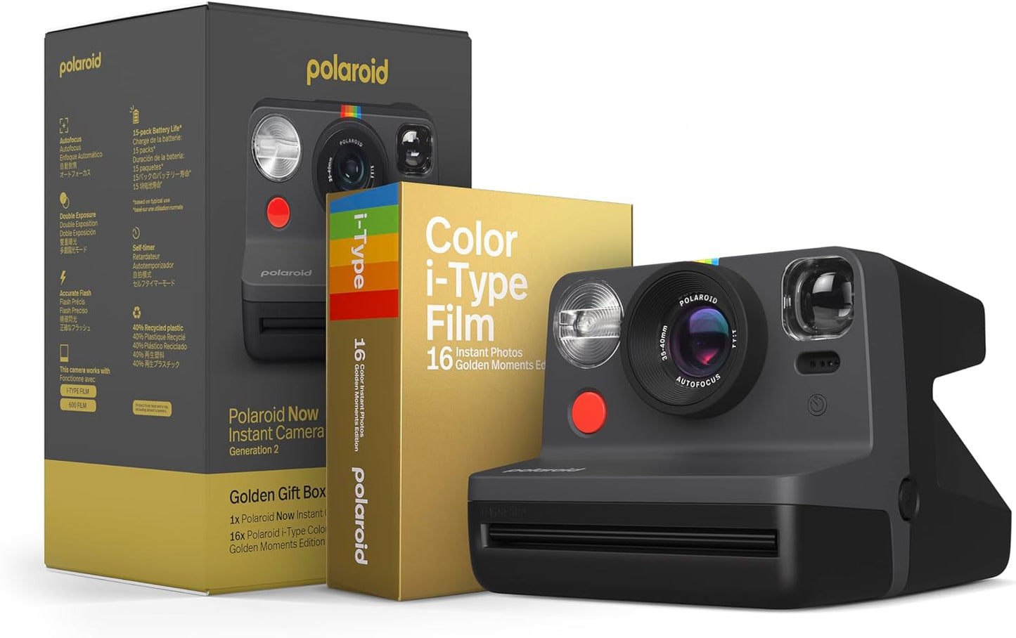 Polaroid Now Black Golden Film i-Type Instant Camera Bundle