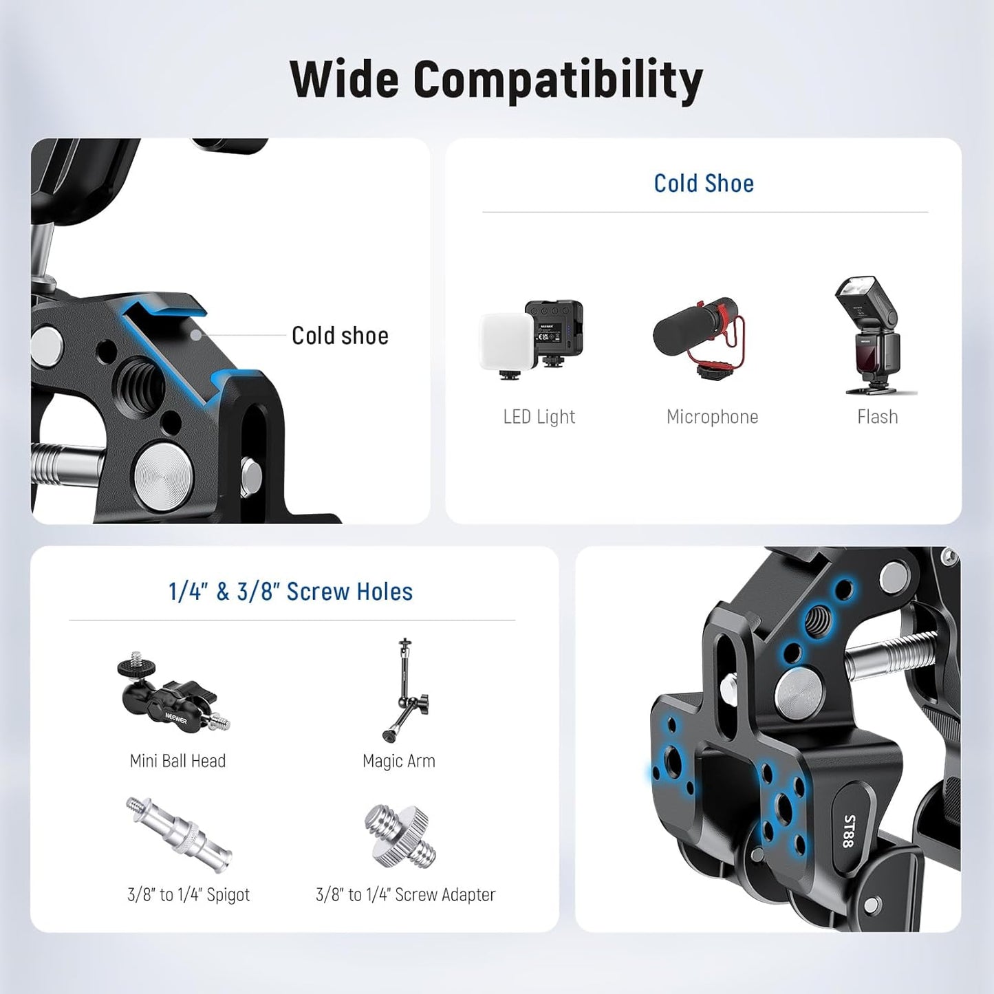 Neewer ST88 Super Clamp 3" Dual Ballhead Magic Arm Phone Mount