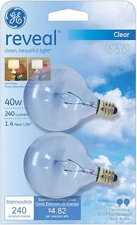 GE Lighting 48704 Reveal Candelabra Globe G16.5 Bulbs 2-Pack