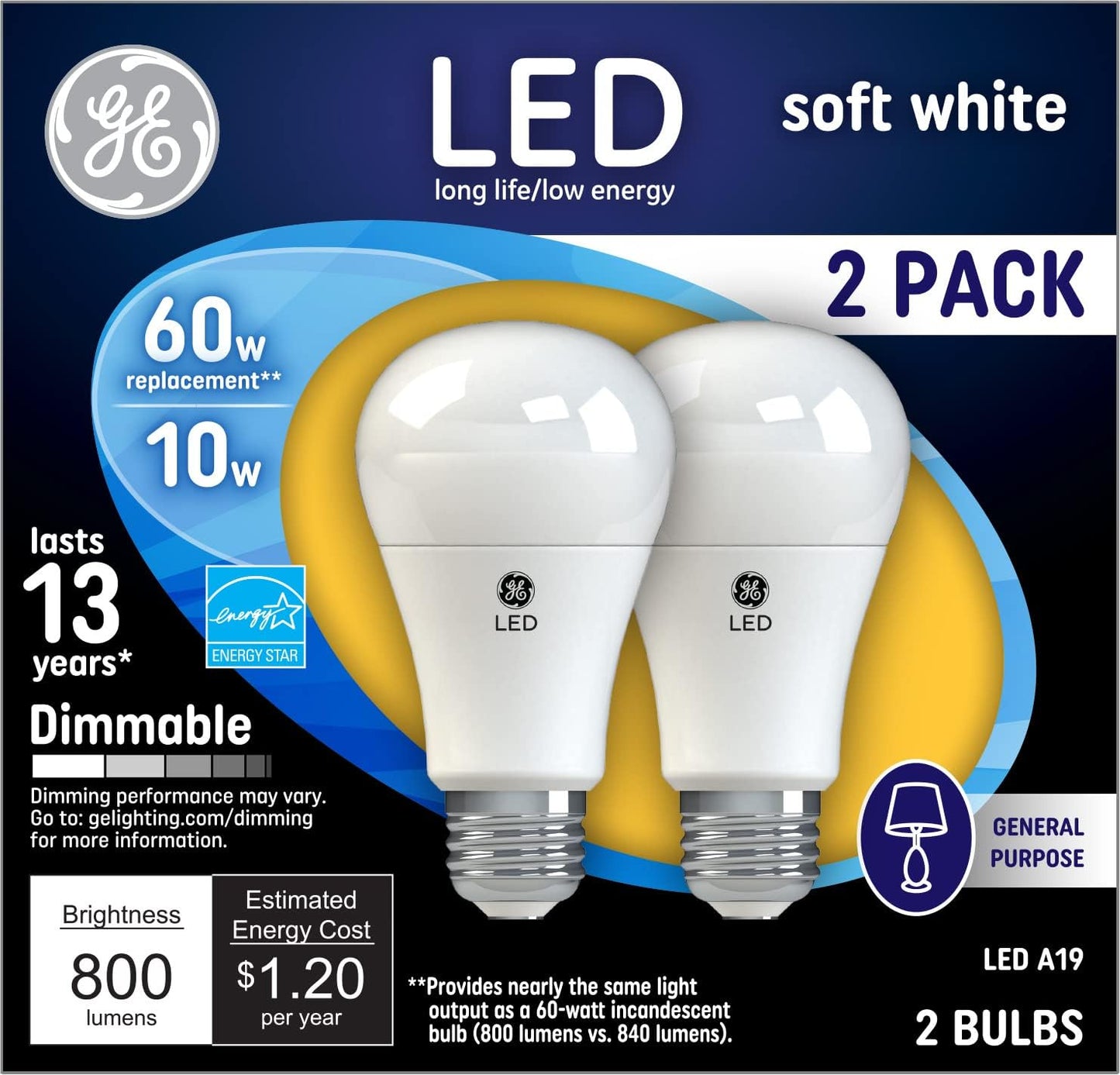 GE 67591 LED 60 Watt Soft White A19 Bulbs 2-Pack