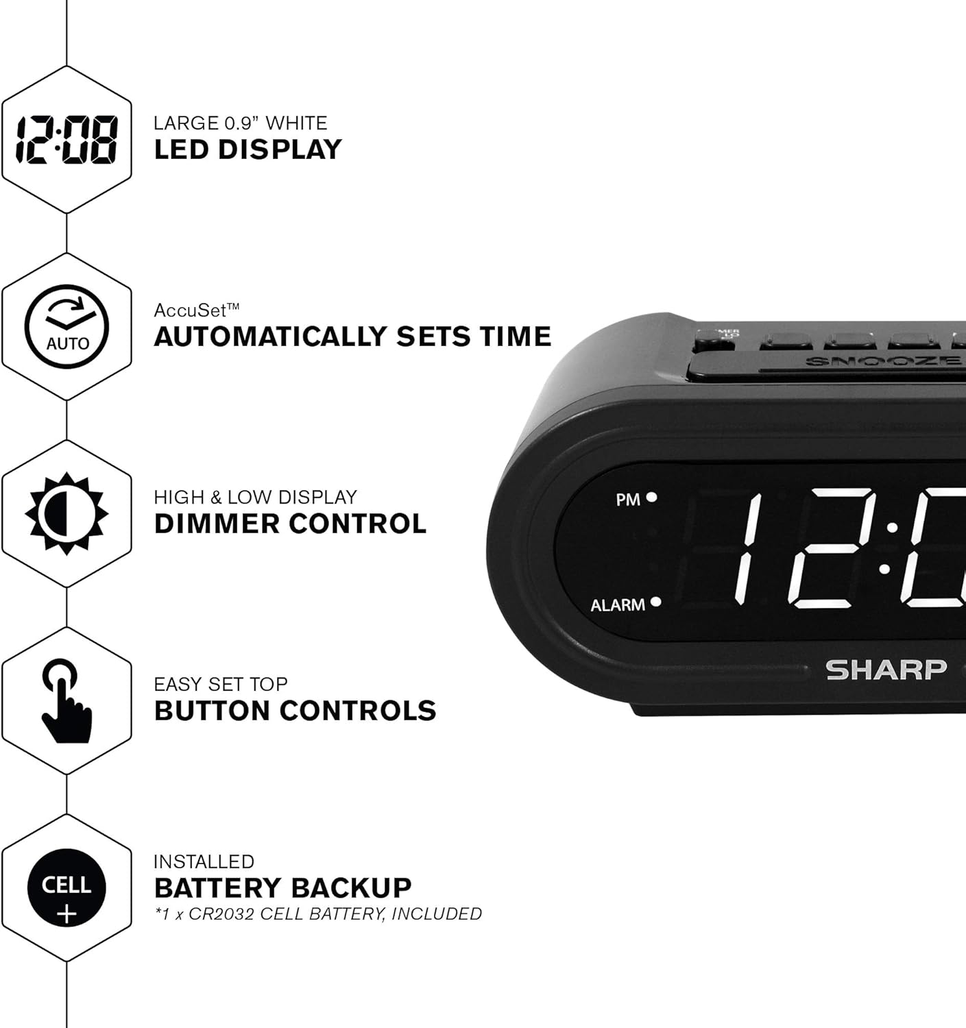 Sharp Digital Alarm AccuSet Clock - Midnight Black, White LED