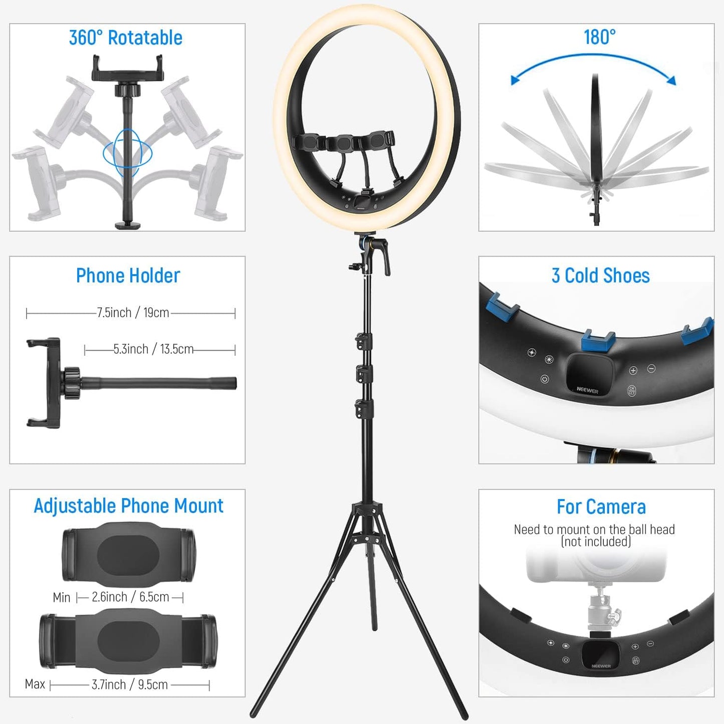 Neewer RP18H 19" LED Ring Light with Stand & Phone Holders