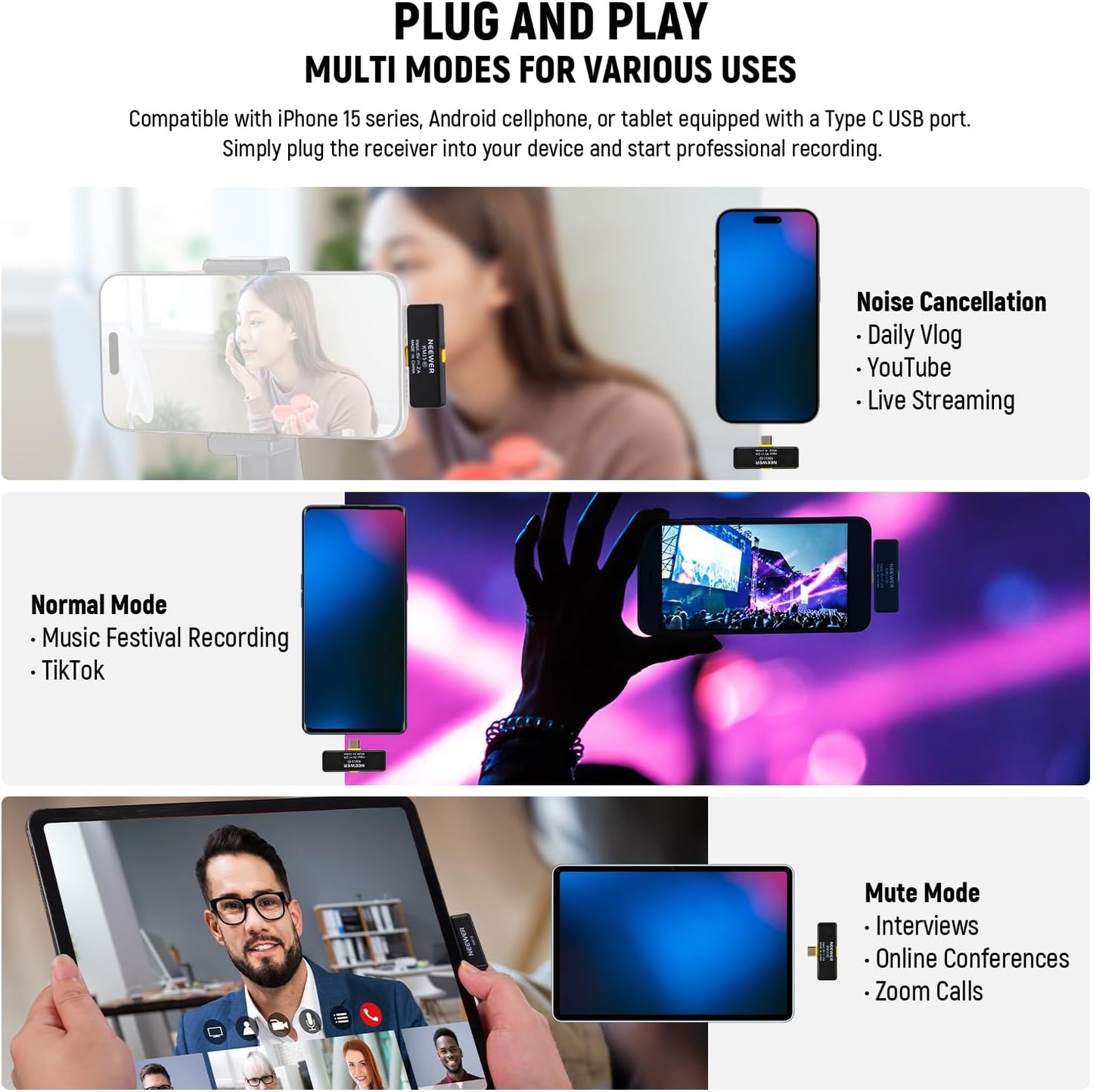 Neewer 21000072 Wireless Lavalier Microphone USB-C iPhone