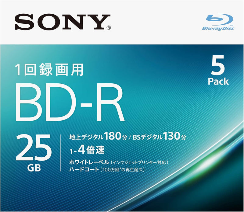 Sony 5BNR1VJPS4 4X BD-R 25GB Printable Disc Pack — main product image