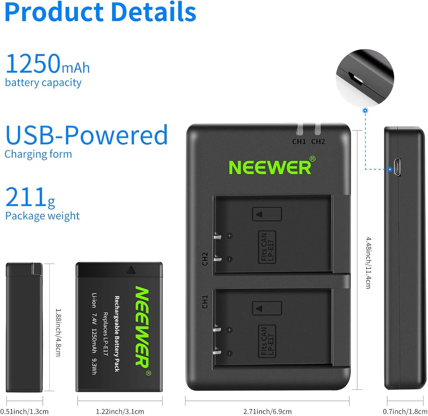 Neewer 10093319 LP-E17 Replacement Battery Charger Kit