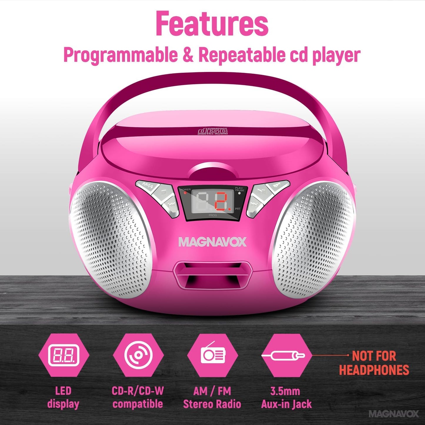 Magnavox MD6924-PK Portable CD Boombox AM/FM Radio (Pink)