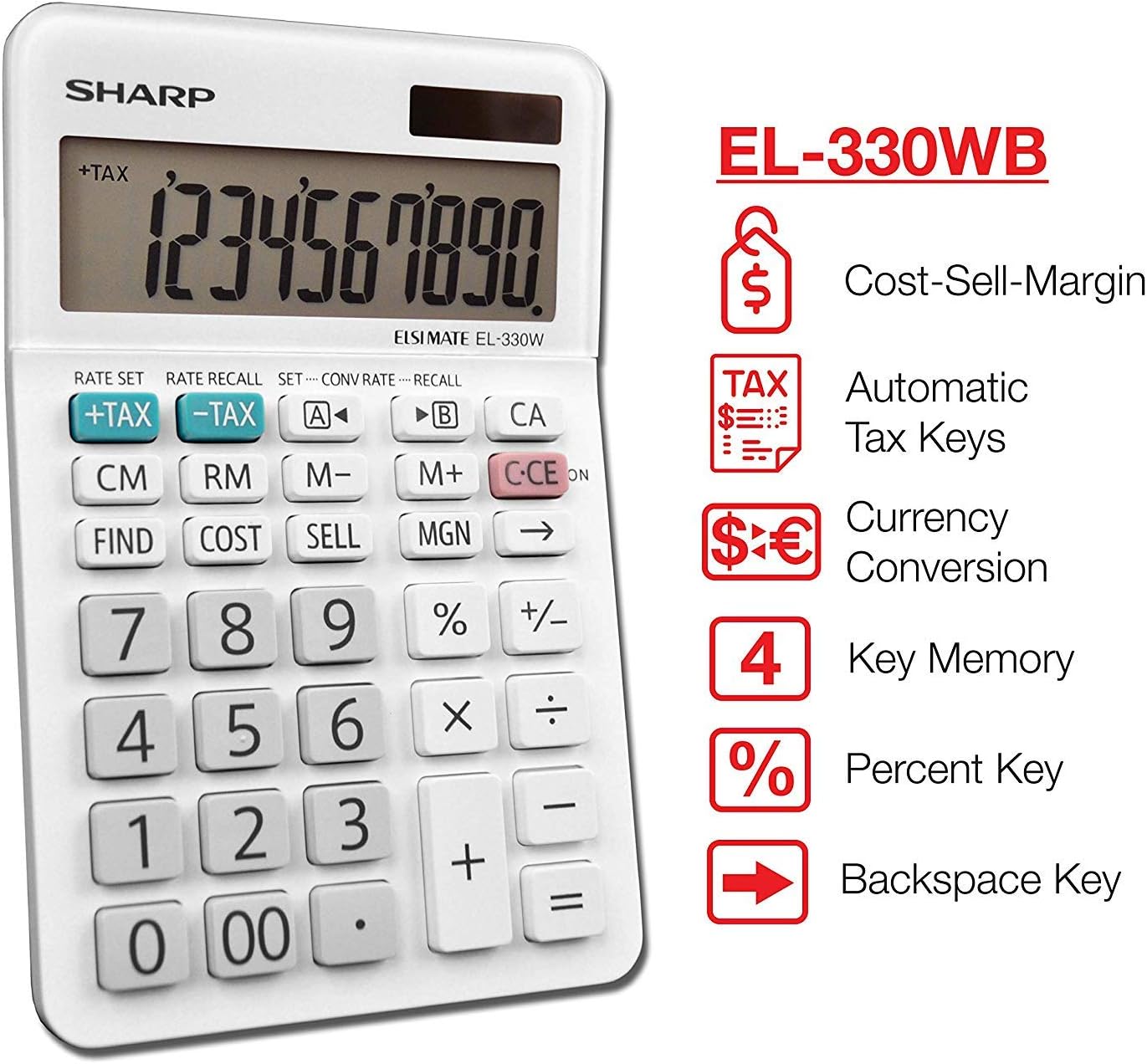 Sharp EL-330WB Basic Desktop Calculator, Solar Battery - 5 Pack