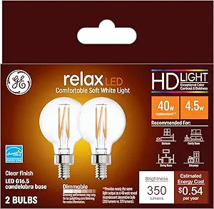 GE 45695 Relax LED Globe Light Bulbs - Dimmable 2 Pack