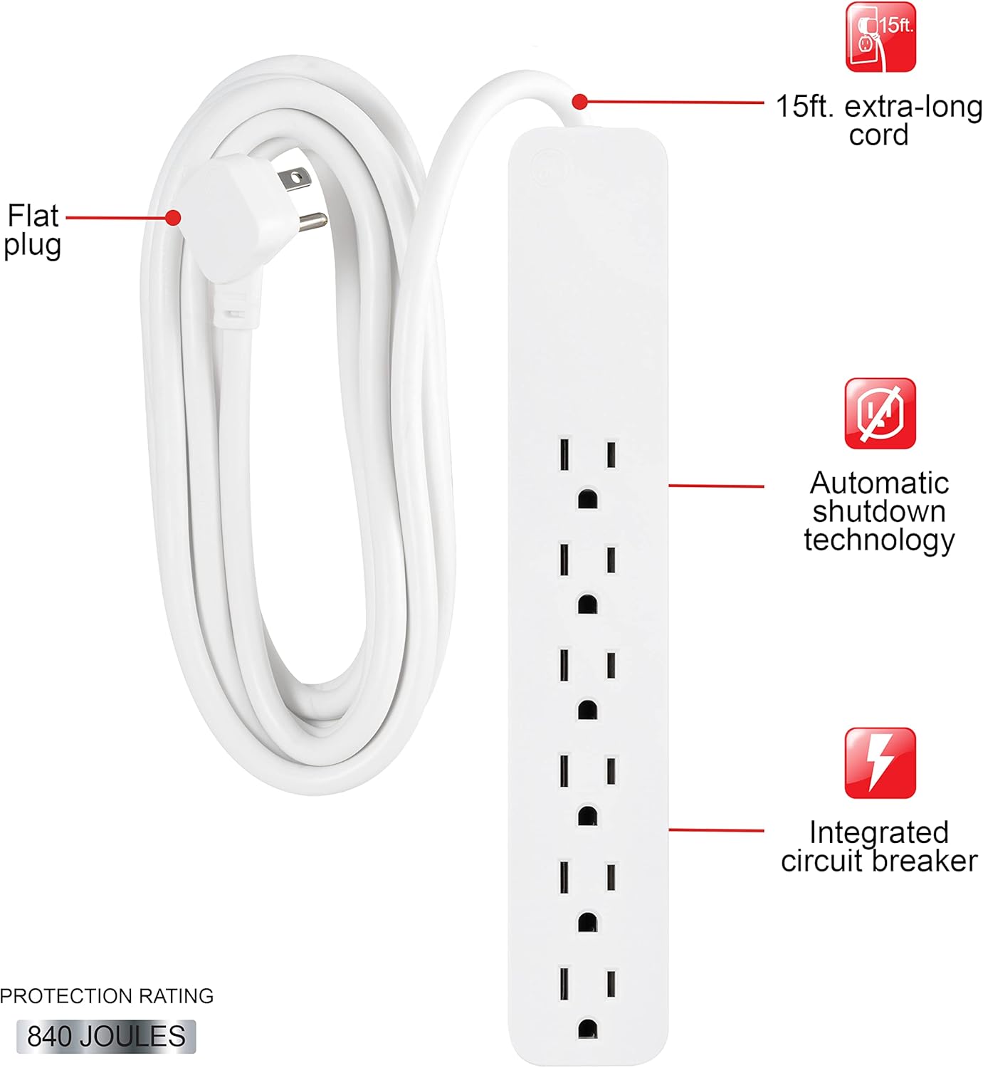 GE 62933 6-Outlet Surge Protector 10ft Braided Cord