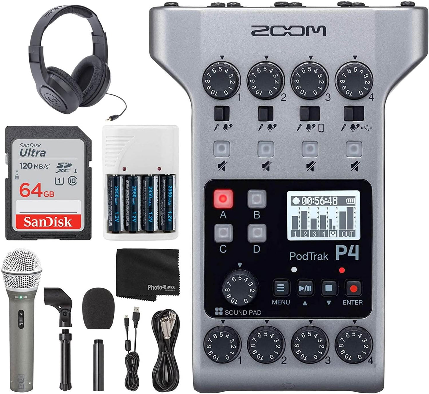 Zoom P4 K12 PodTrak Portable Podcast Recorder Bundle