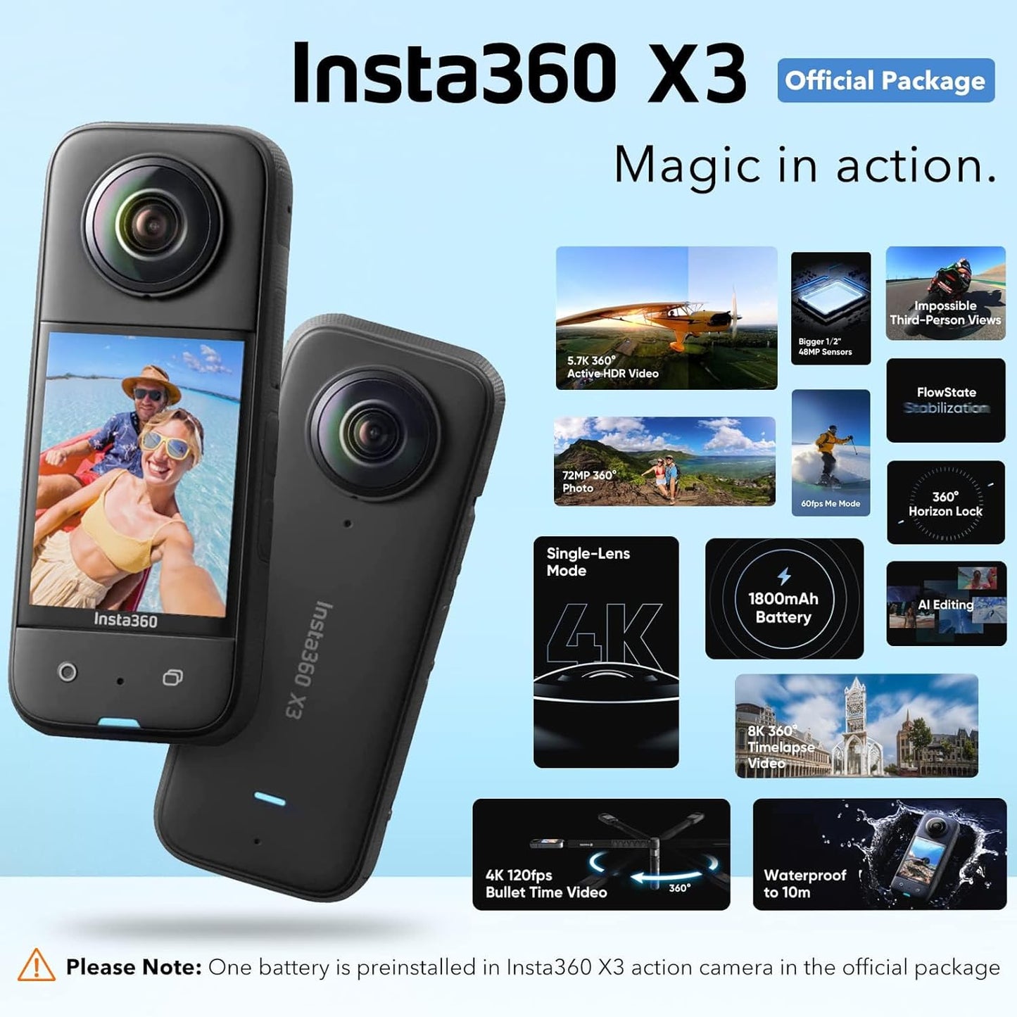 Insta360 actioncamX3 Waterproof 360 Action Camera Bundle