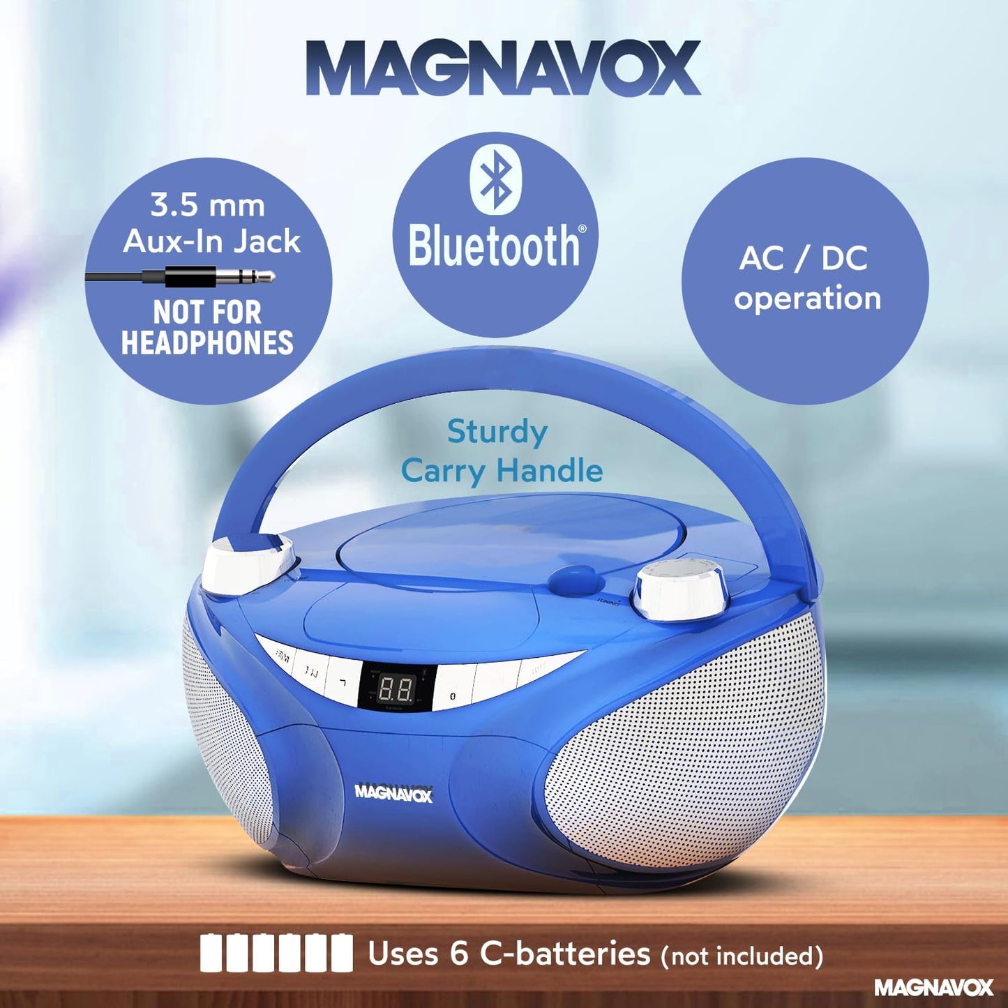 Magnavox MD6949-BL Portable Bluetooth CD Boombox AM/FM Radio Blue