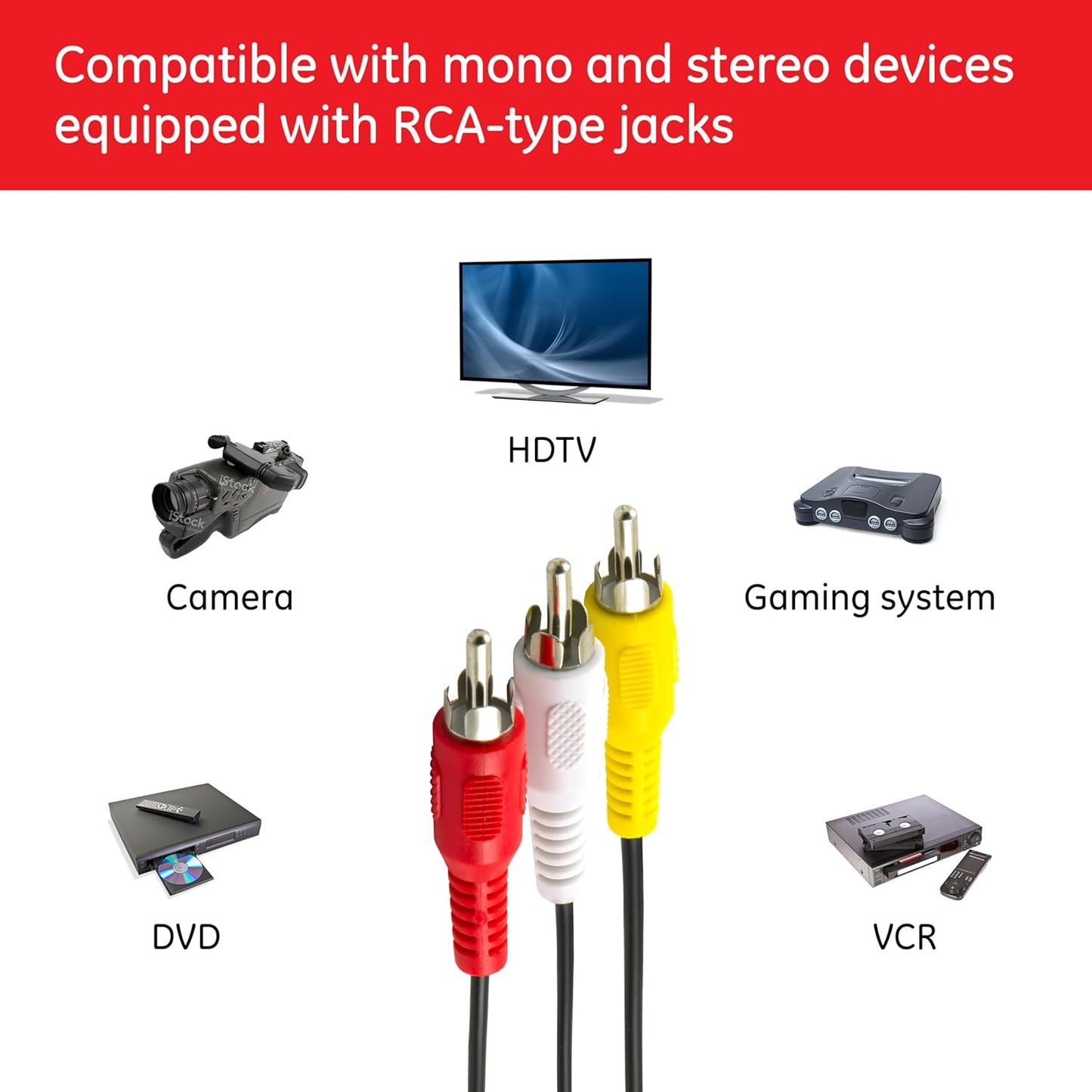 GE 23216 RCA Audio/Video Cable - 6 ft, 3-Male to 3-Male