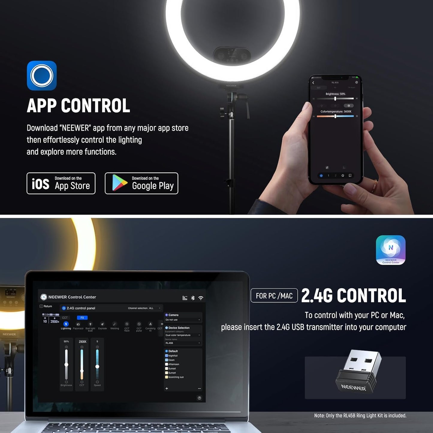 Neewer RL45B 18" Edge Lit Dimmable Ring Light Kit