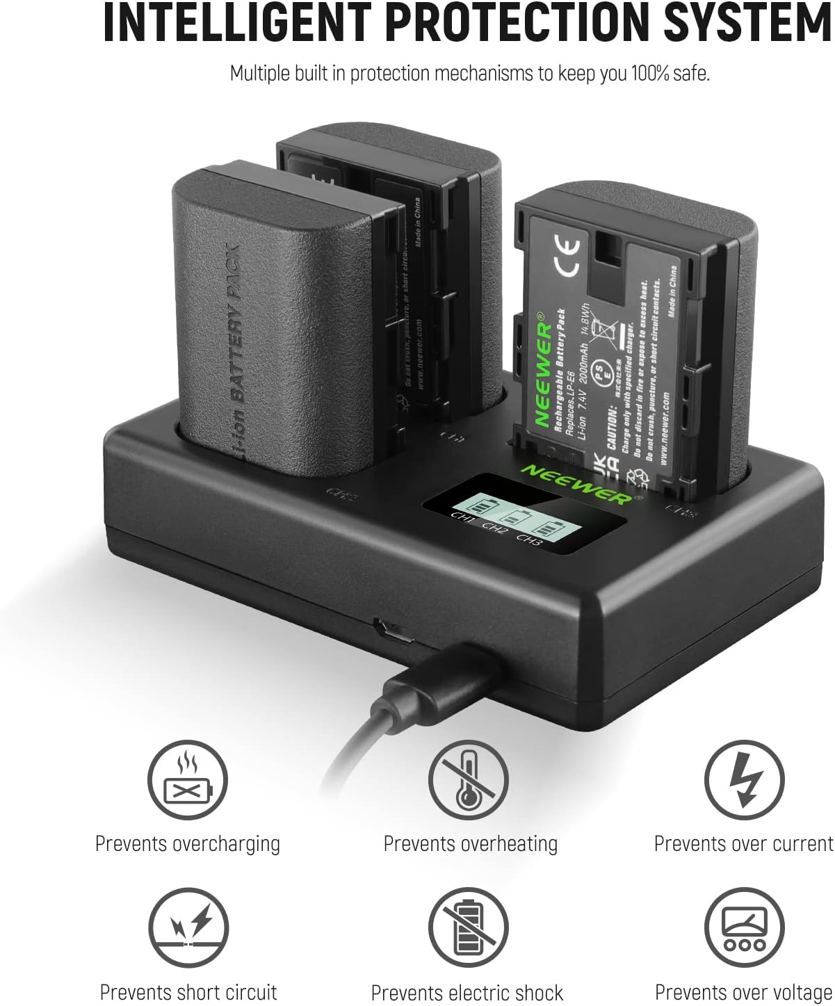 Neewer 10101014: LP-E6 Battery and Charger Set - 3-Pack