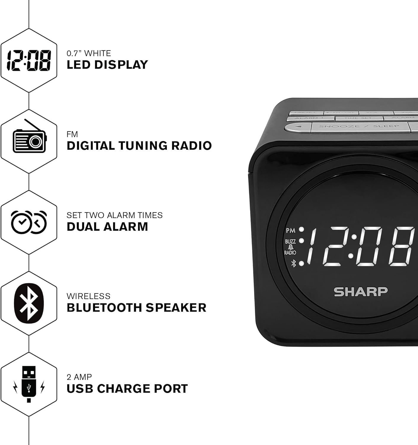 Sharp FM Clock Radio Bluetooth Speaker USB Charge