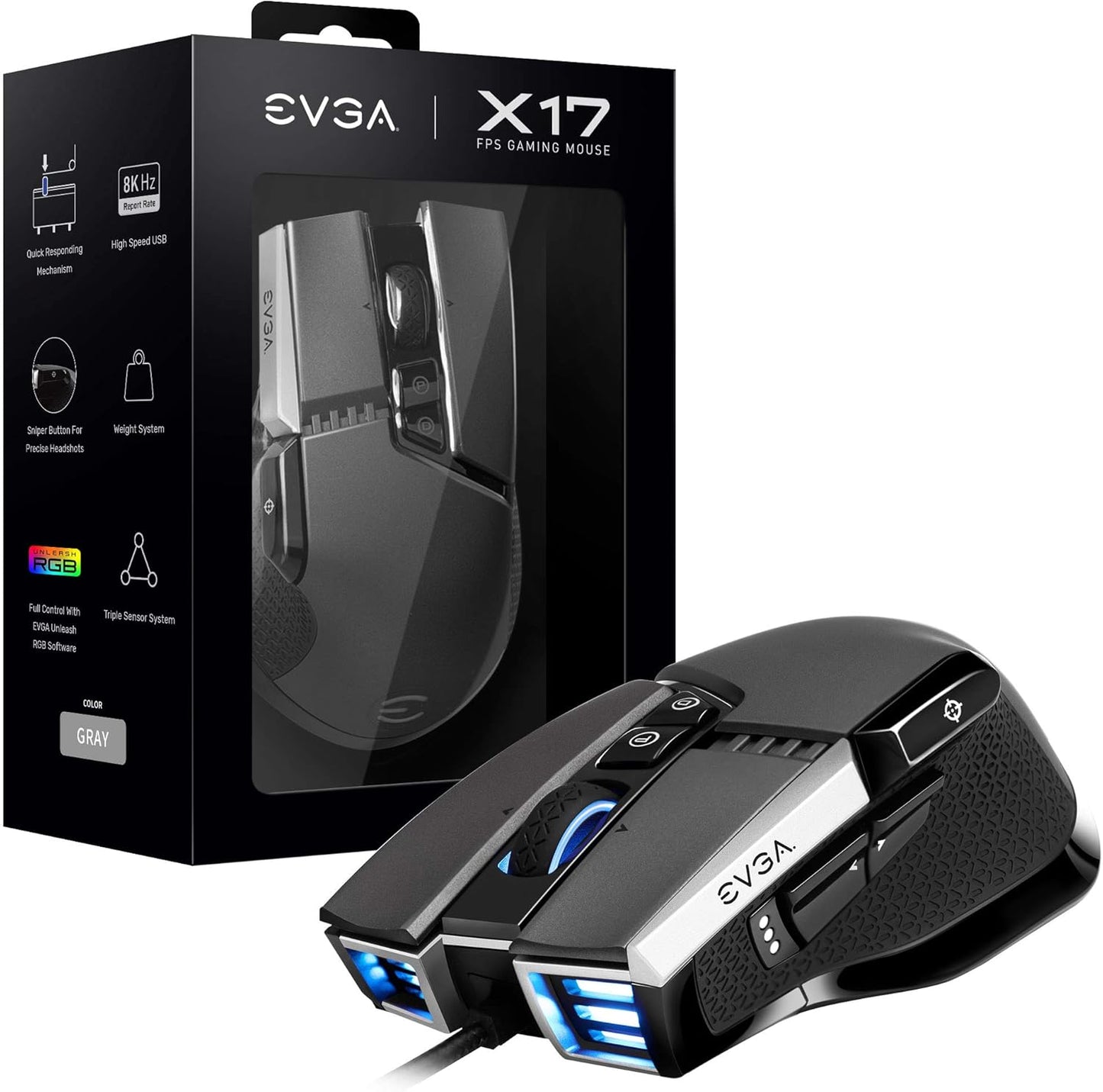 EVGA 903-W1-17GR-KR X17 Gaming Mouse Wired Customizable Grey