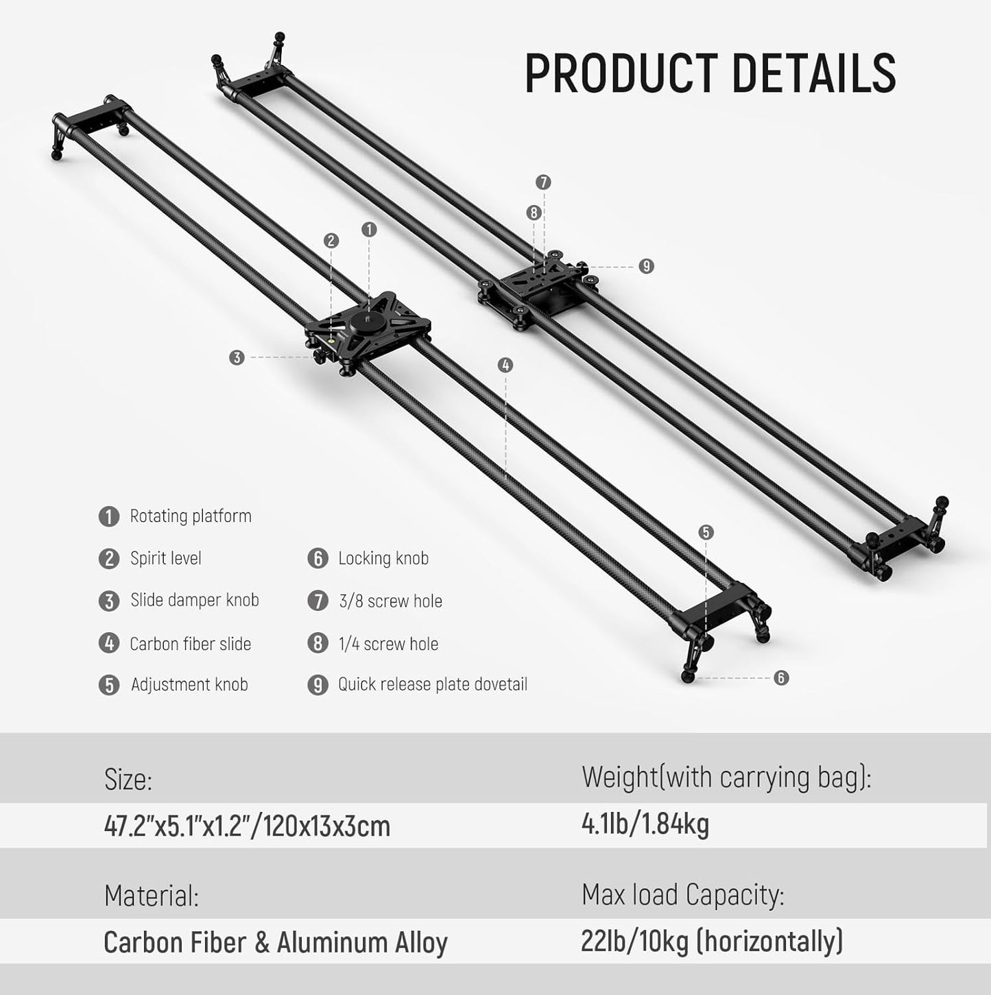 Neewer CS120CM 47.2in Carbon Fiber Camera Slider Track