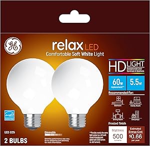 GE 31696 Relax LED Globe Light Bulbs - Soft White, Dimmable (2-Pack)