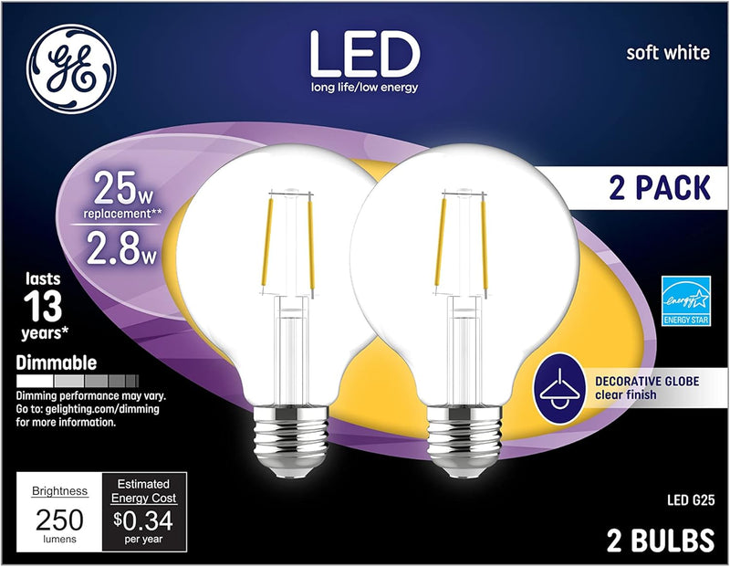 GE 23049 LED 25W Soft White G25 Globe Bulbs - 2 Pack — main product image