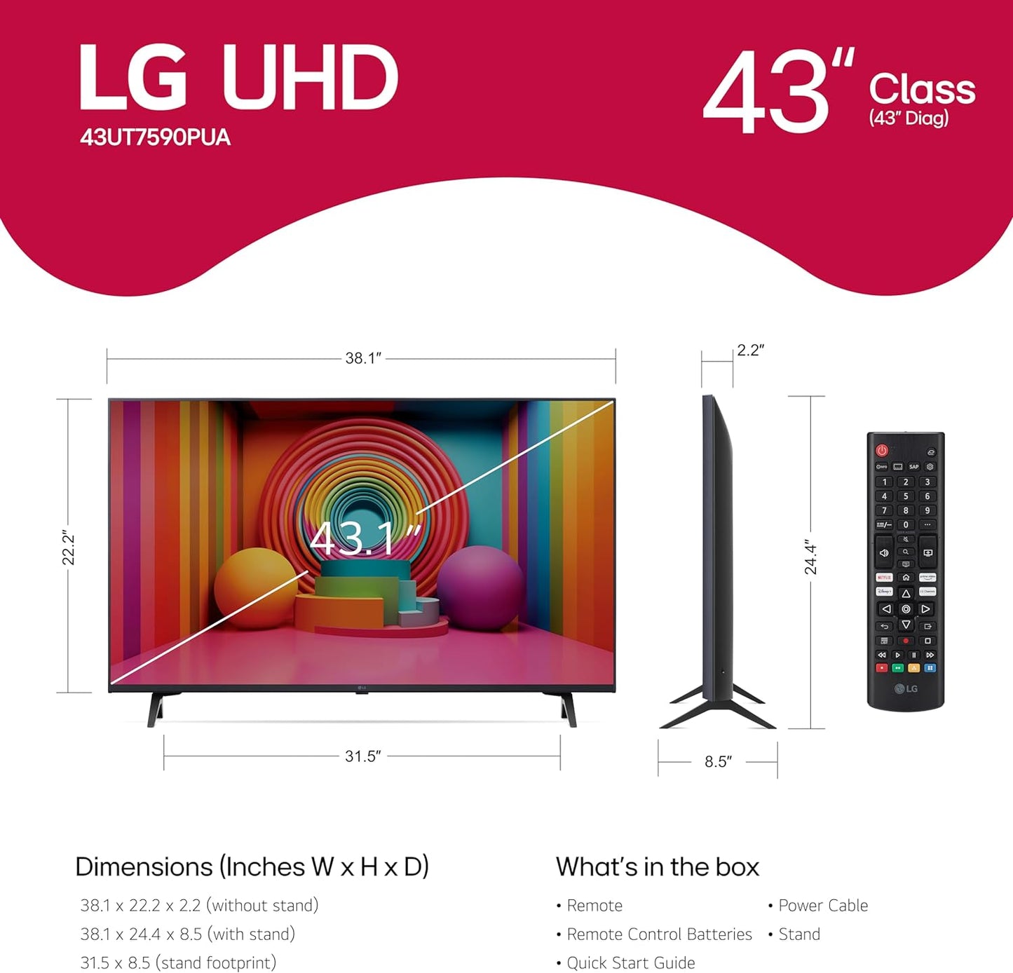 LG 43UT7590PUA 43-Inch 4K Smart TV (2024 Renewed)