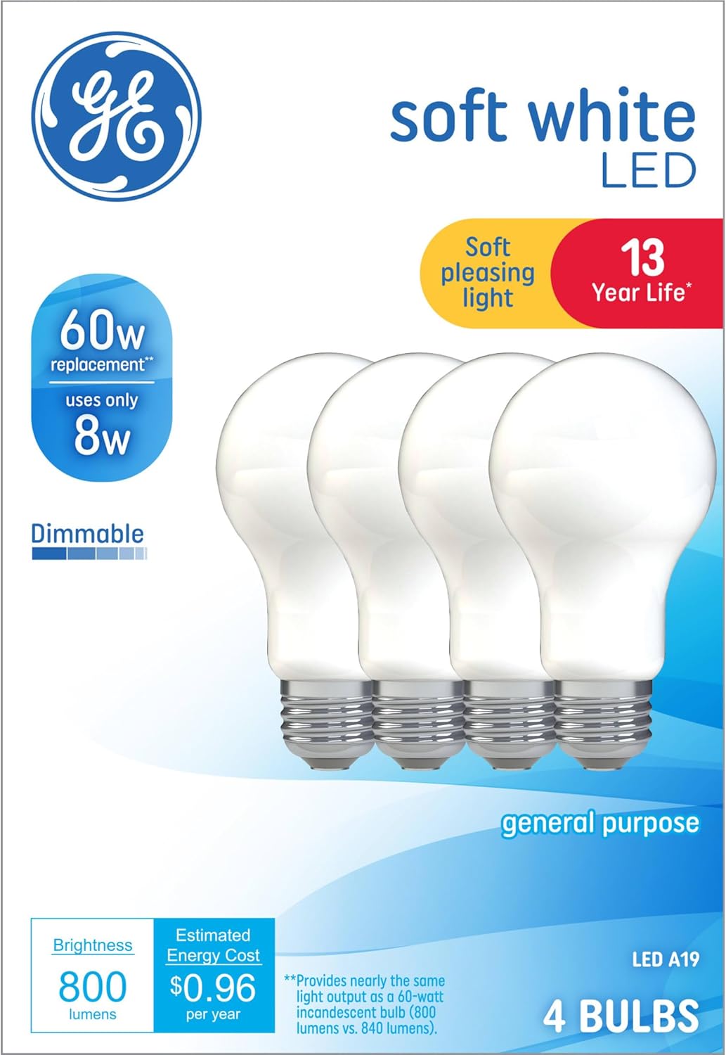 GE LED 60W Equivalent Soft White Light Bulbs 8-Pack
