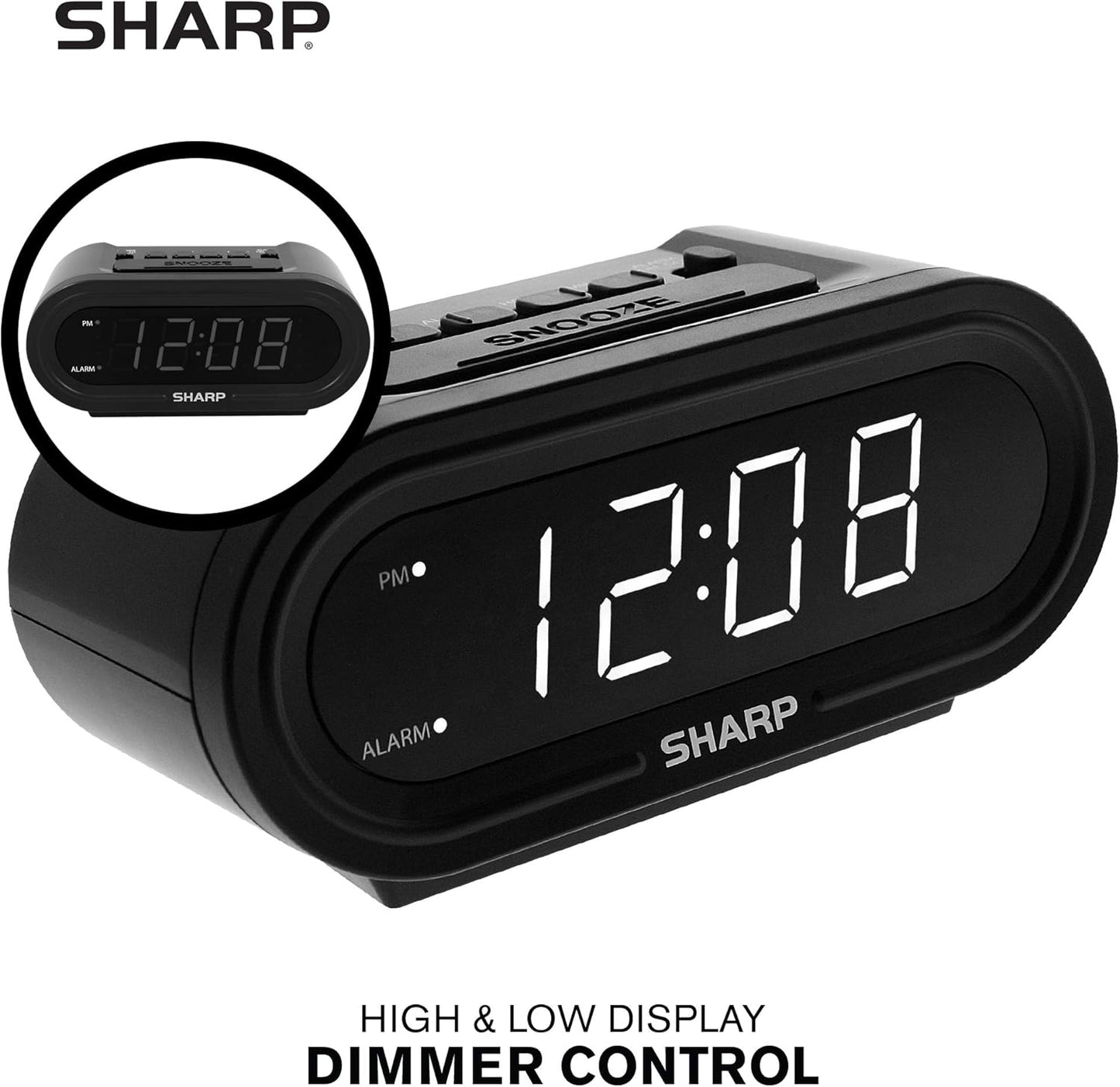 Sharp Digital Alarm AccuSet Clock - Midnight Black, White LED