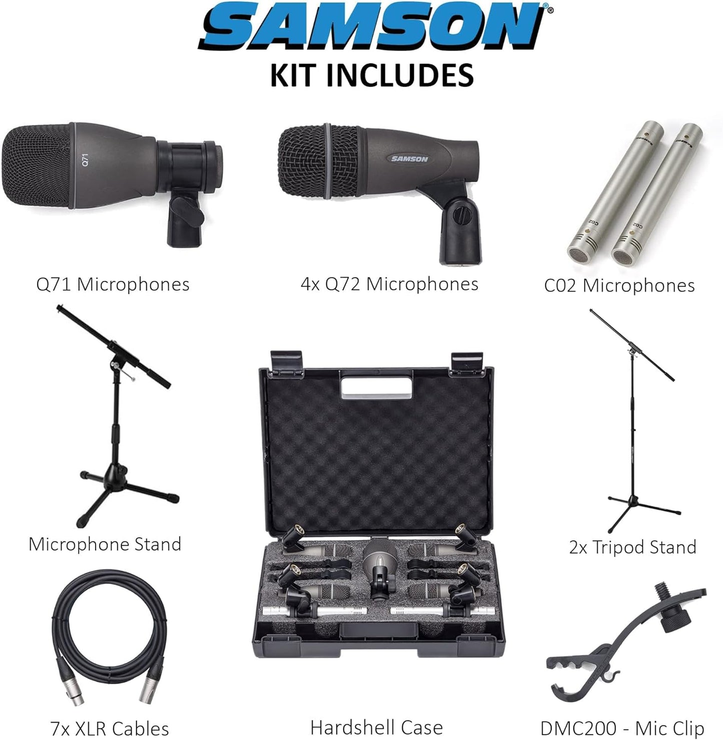 Samson DK707 7-Piece Drum Mic Kit - with Stands & Cables