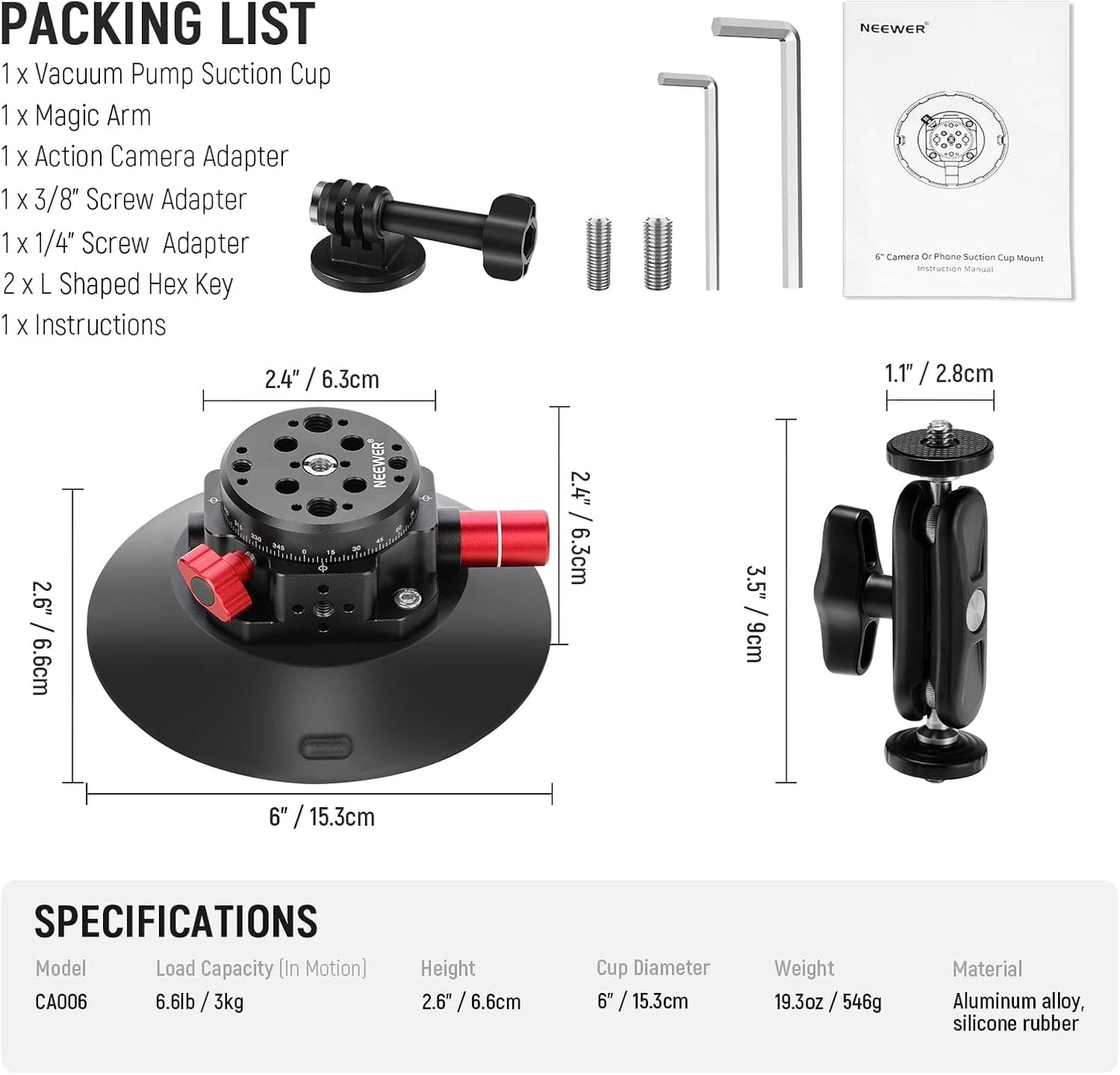 Neewer CA013 6-inch Camera Suction Cup Mount