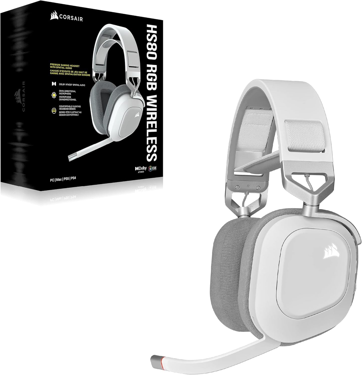 Corsair CA-8910126 HS80 RGB Wireless Gaming Headset - White (Renewed)