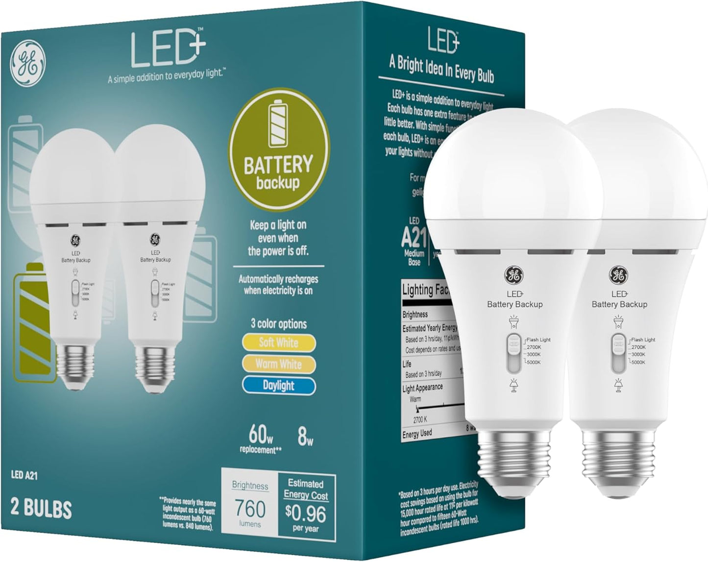 GE 93131819 LED+ Backup Battery Light Bulbs, 2-Pack