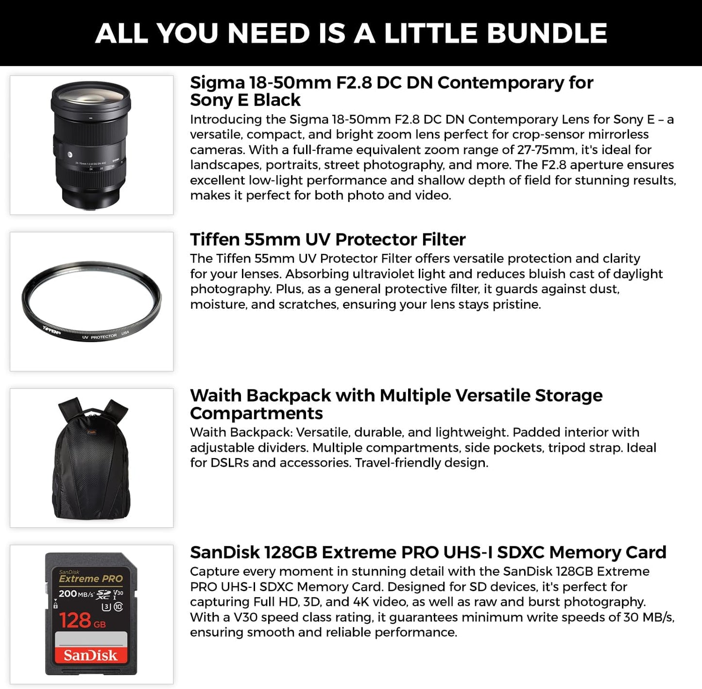 Sigma SIG585965 18-50mm F2.8 Sony E-Mount Lens Bundle