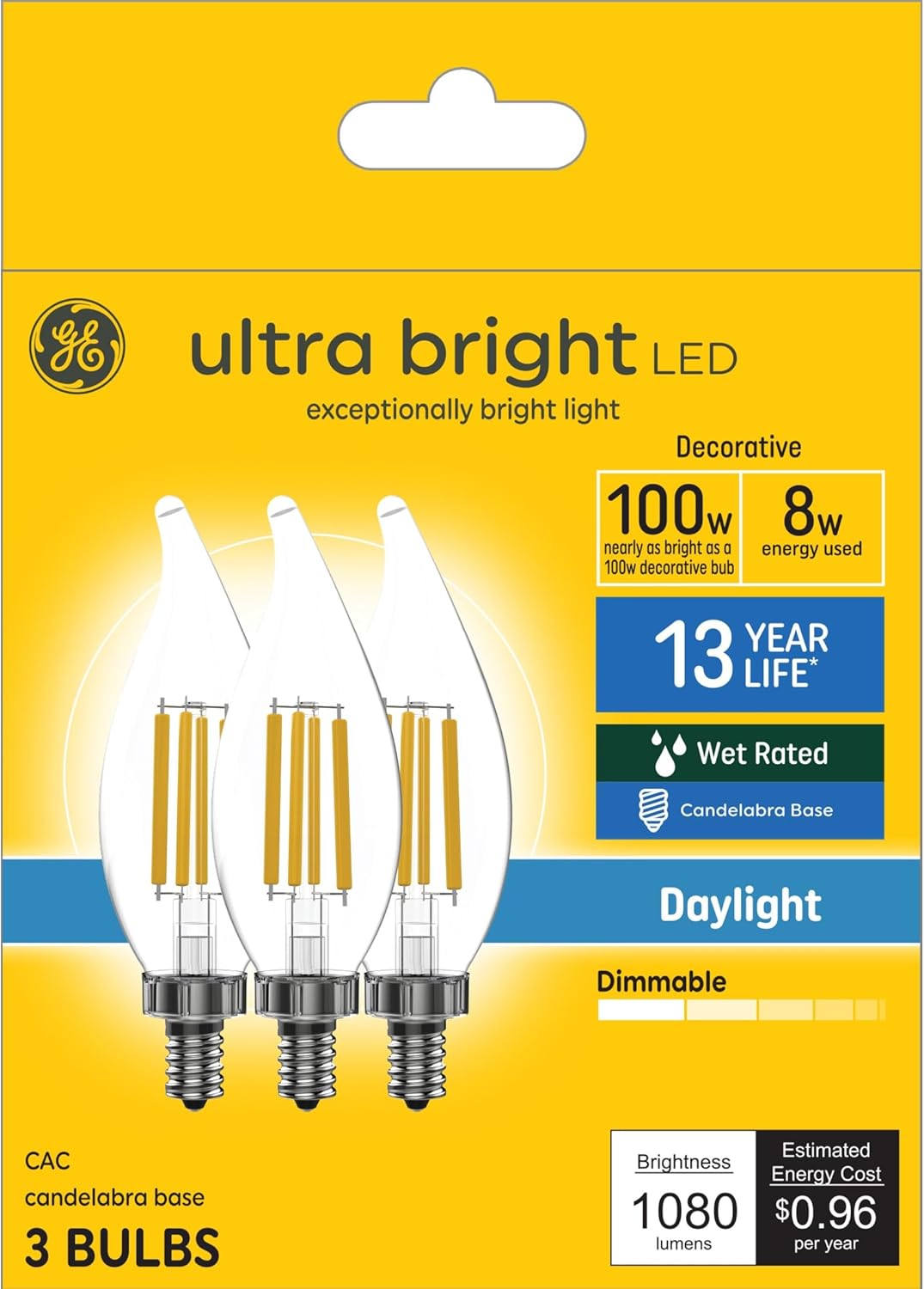 GE 93130036 Ultra Bright LED Candle Bulbs - 3 Pack