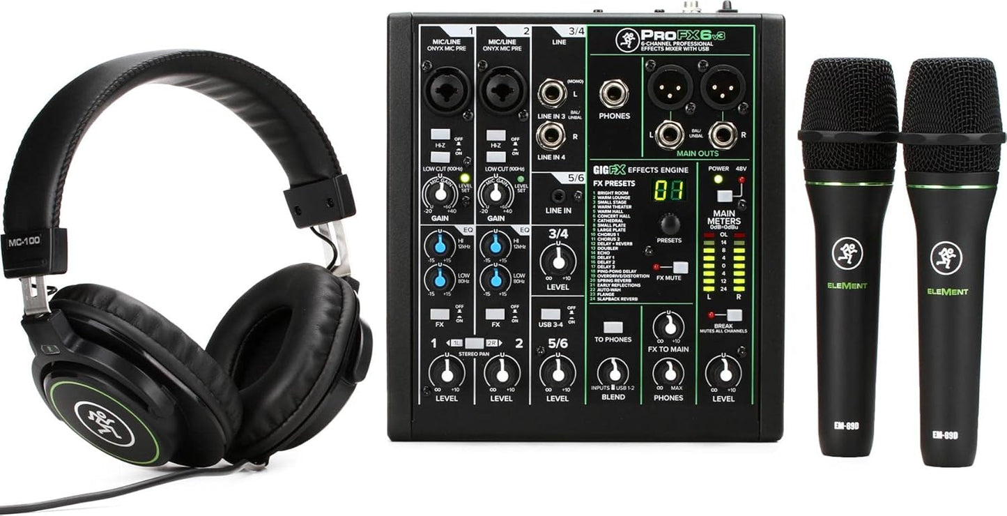Mackie Performer Bundle ProFX6v3 Mixer Mics Headphones