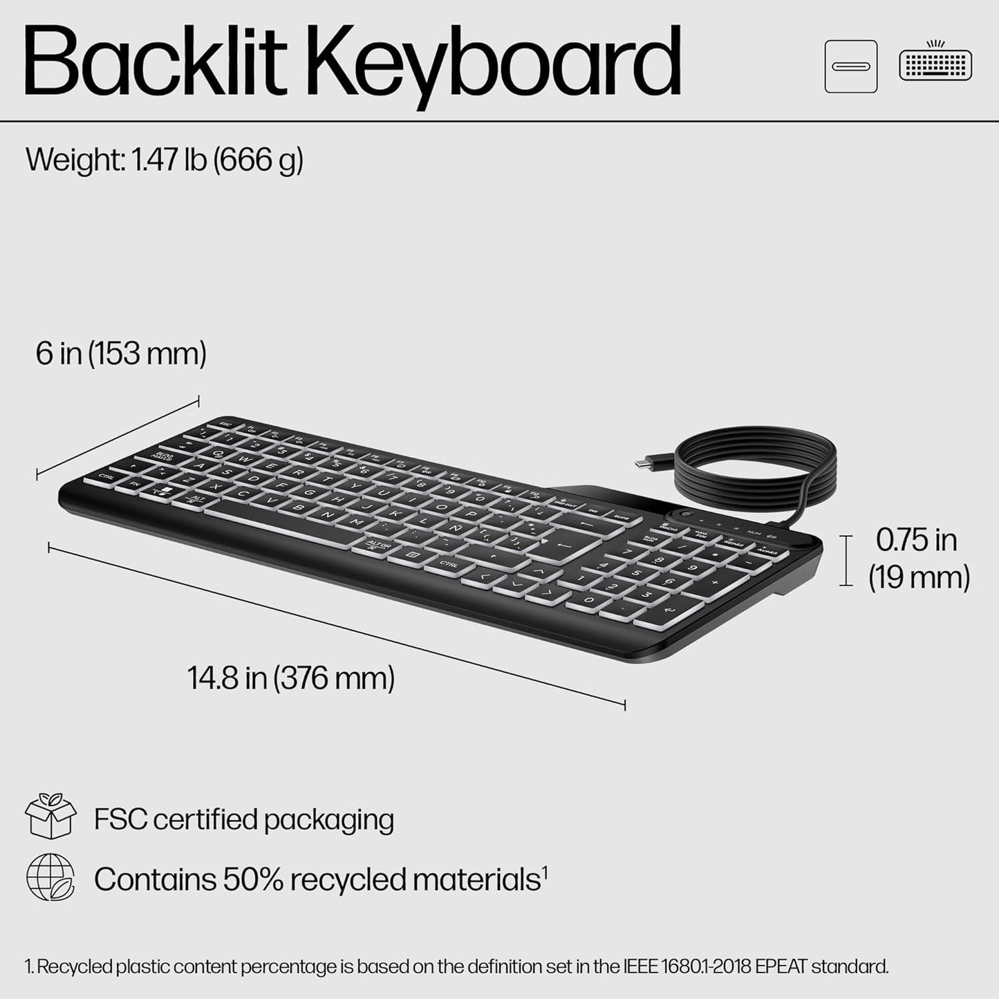 HP 7N7C0AA#ABA 400 Backlit Wired Keyboard - USB-C